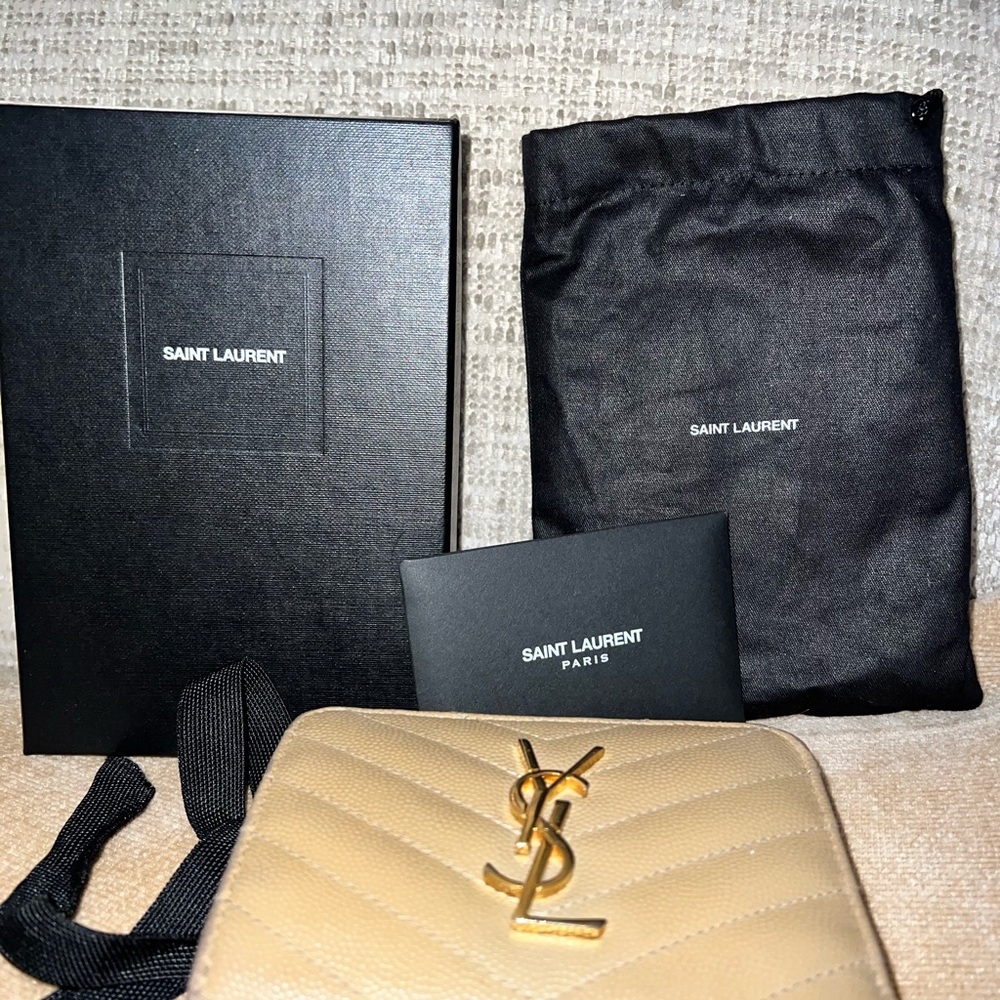 Saint Laurent Tan Quilted Wallet with Gold Logo